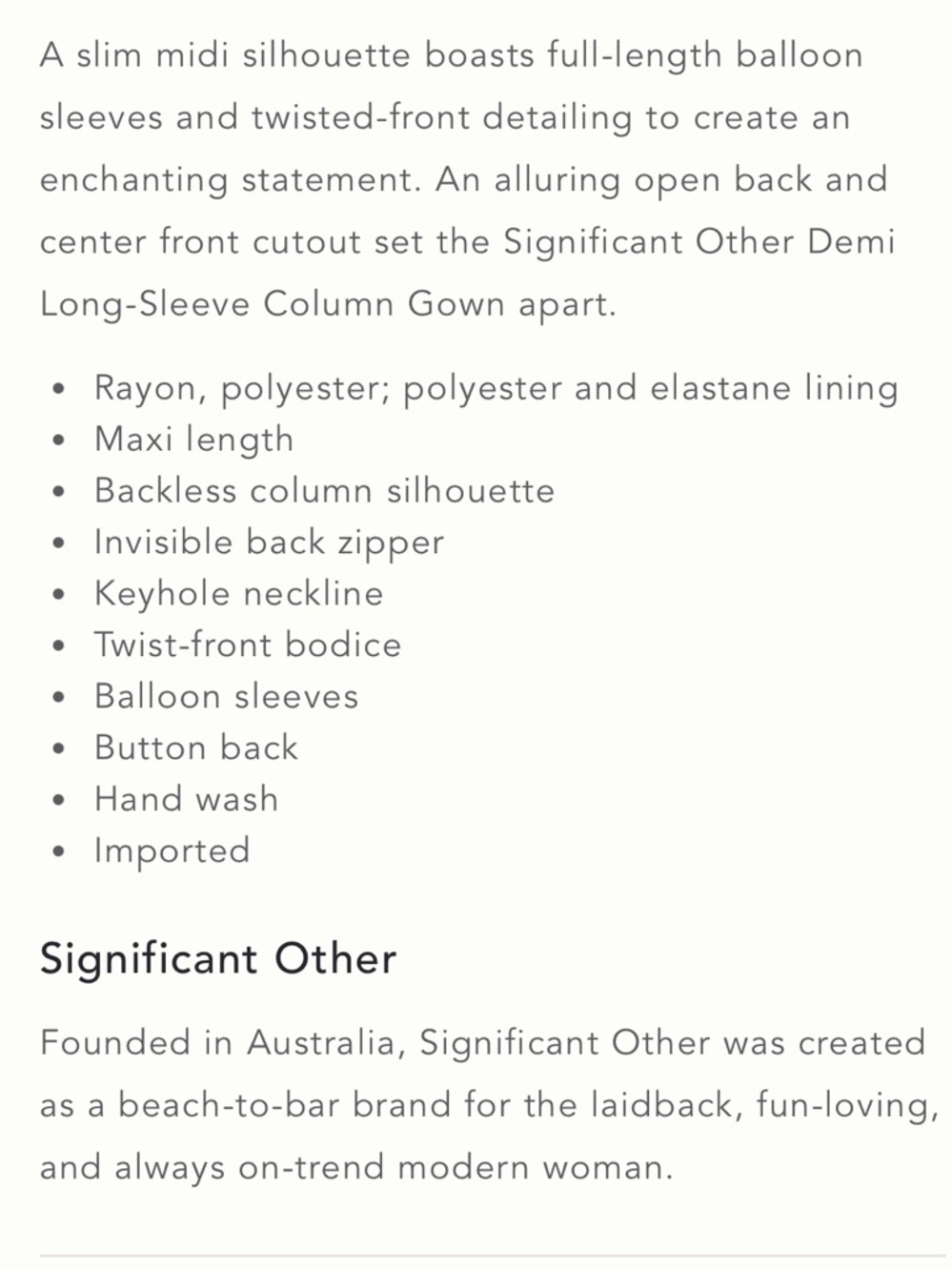 SIGNIFICANT OTHER DEMI BACKLESS LONG-SLEEVE COLUMN GOWN AU12/US8 - Picture 2 of 2